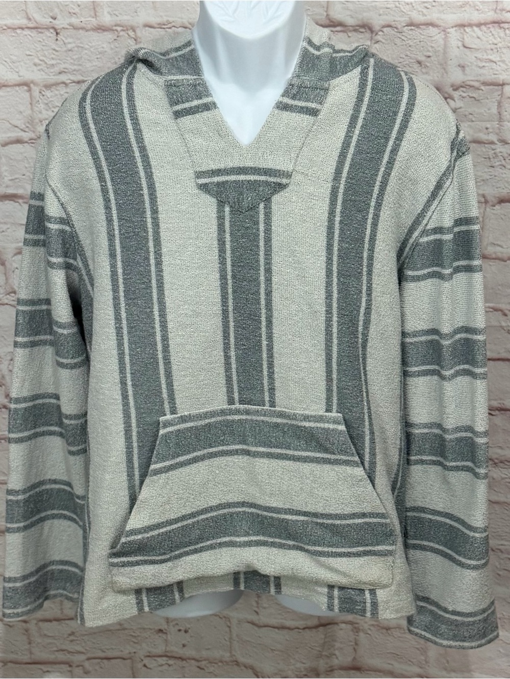 Faherty Lined Baja Hoodie Mens L Blue Gray Cream Stripe Cotton Poncho Pullover
